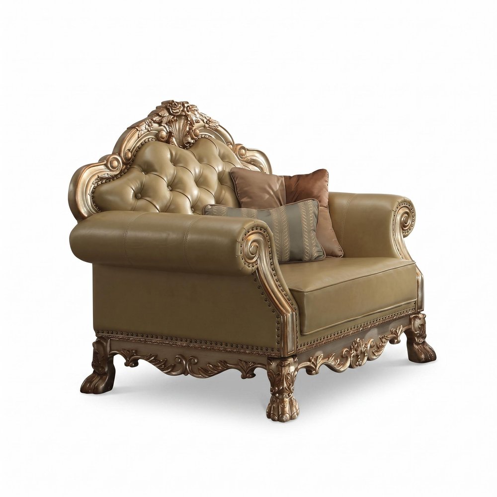 45" Ivory and Gold Faux Leather Tufted Arm Chair And Toss Pillows