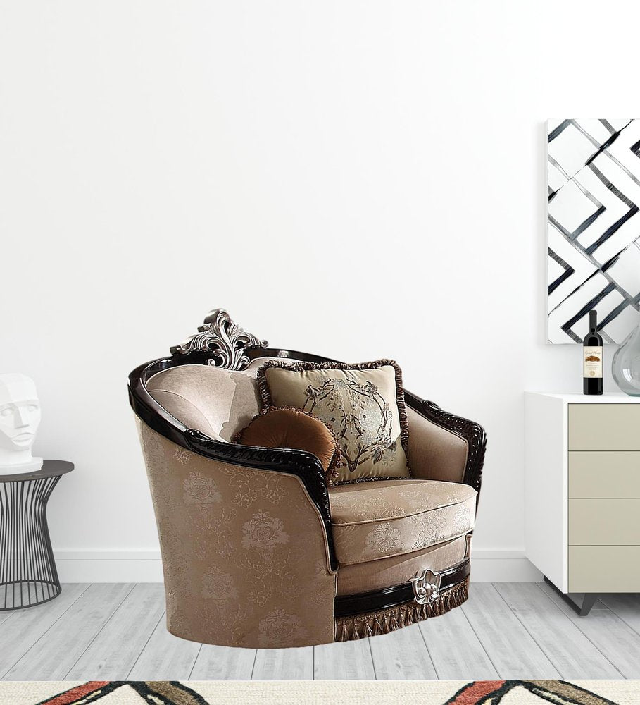 47" Tan and Black Fabric Floral Arm Chair And Toss Pillows