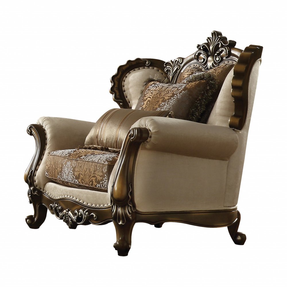 49" Tan and Brown Fabric Damask Tufted Wingback Chair And Toss Pillows