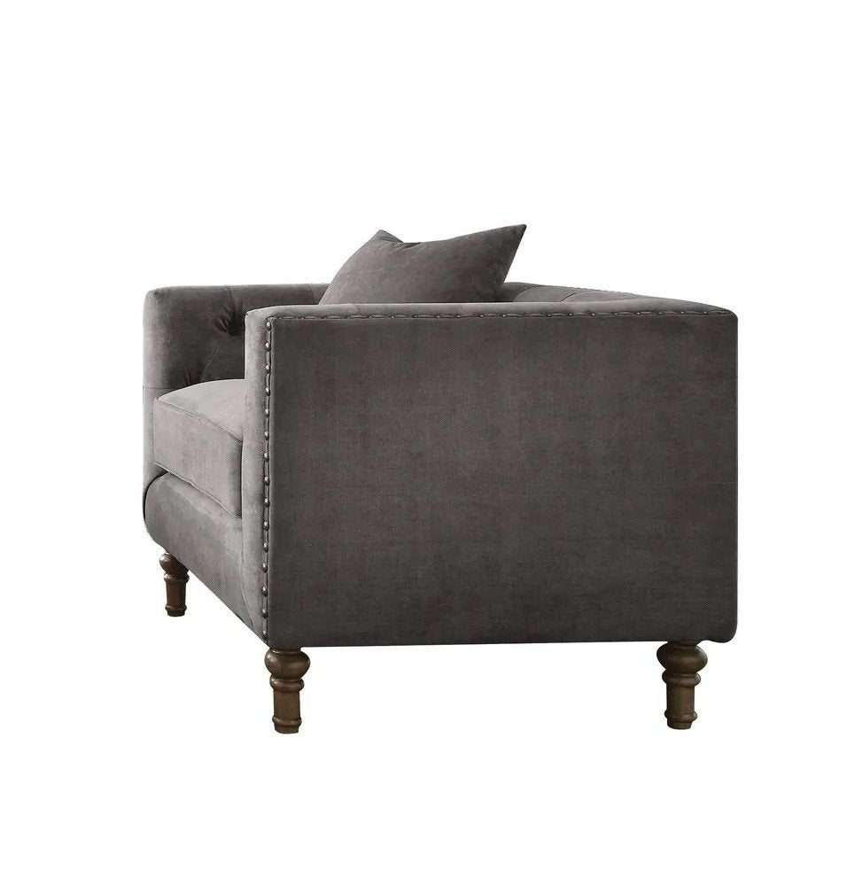 41" Gray and Antiqued Brass Velvet Tufted Arm Chair And Toss Pillow