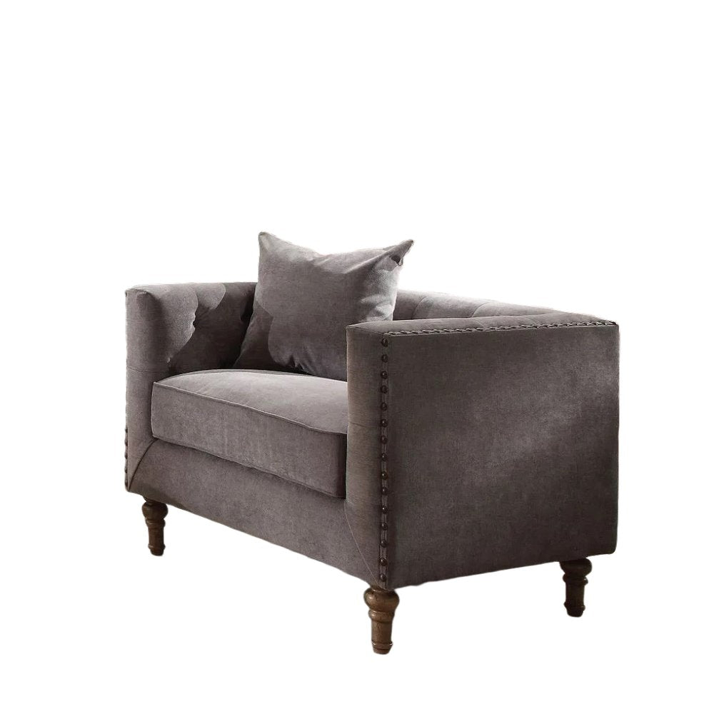 41" Gray and Antiqued Brass Velvet Tufted Arm Chair And Toss Pillow