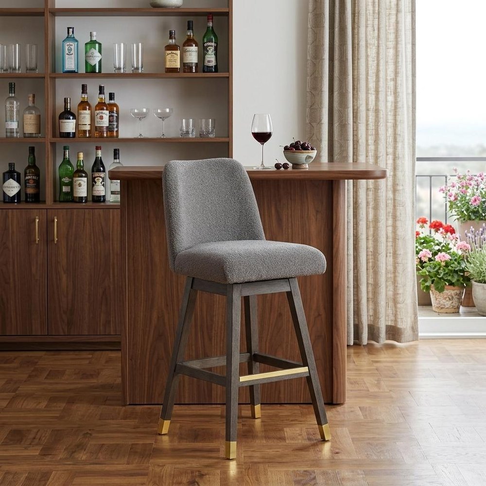 30" Gray Fabric And Solid Wood Bar Height Swivel Bar Chair