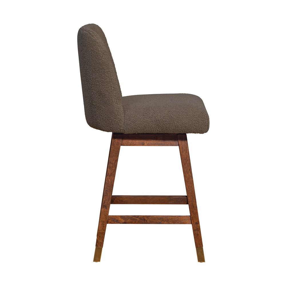 26" Taupe And Brown Fabric And Solid Wood Counter Height Swivel Bar Chair