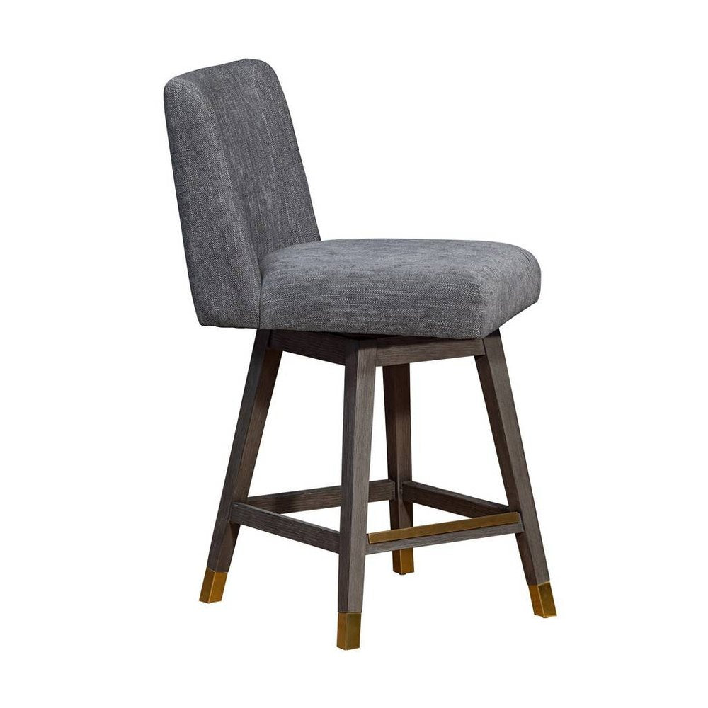 26" Gray And Brown Fabric And Solid Wood Counter Height Swivel Bar Chair
