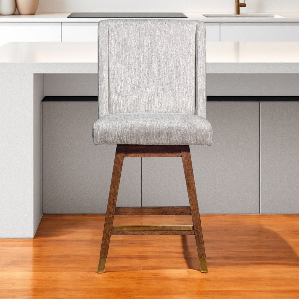 26" Beige And Brown Fabric And Solid Wood Counter Height Swivel Bar Chair
