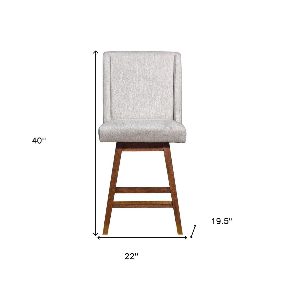 26" Beige And Brown Fabric And Solid Wood Counter Height Swivel Bar Chair