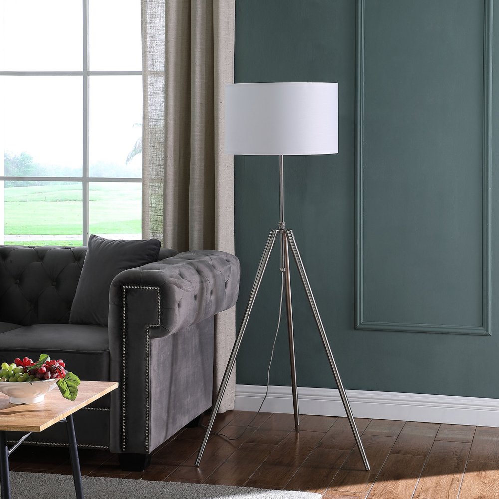 64" Silver Adjustable Tripod Floor Lamp With White Fabric Shade
