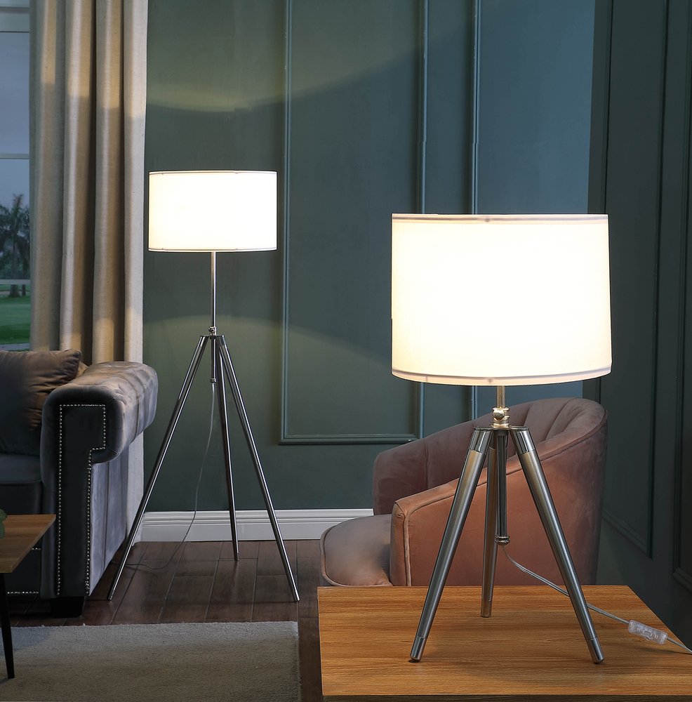 64" Silver Adjustable Tripod Floor Lamp With White Fabric Shade