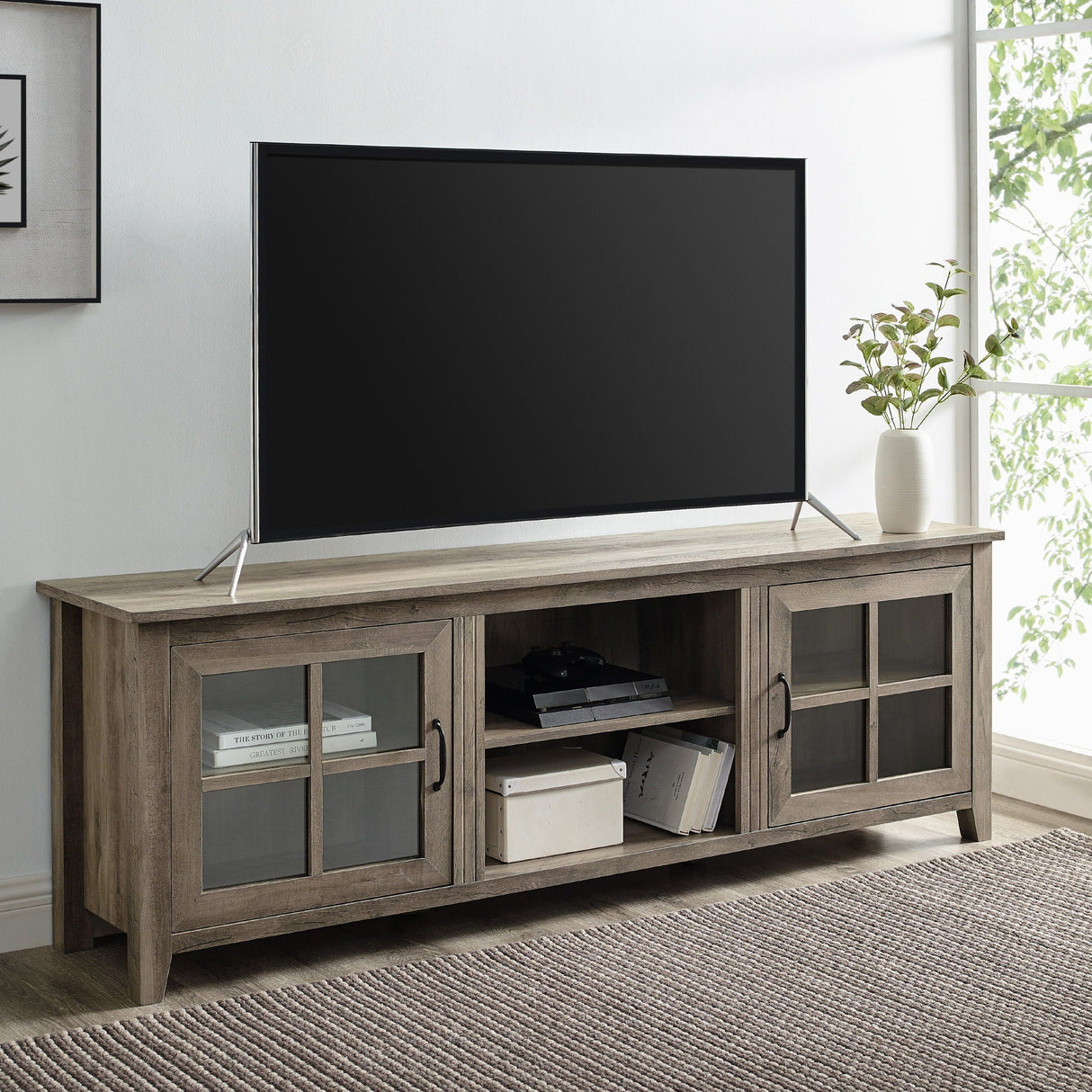 Modern Farmhouse 2 Door Glass Windowpane 70" TV Stand For 80" TVs by Couch.com