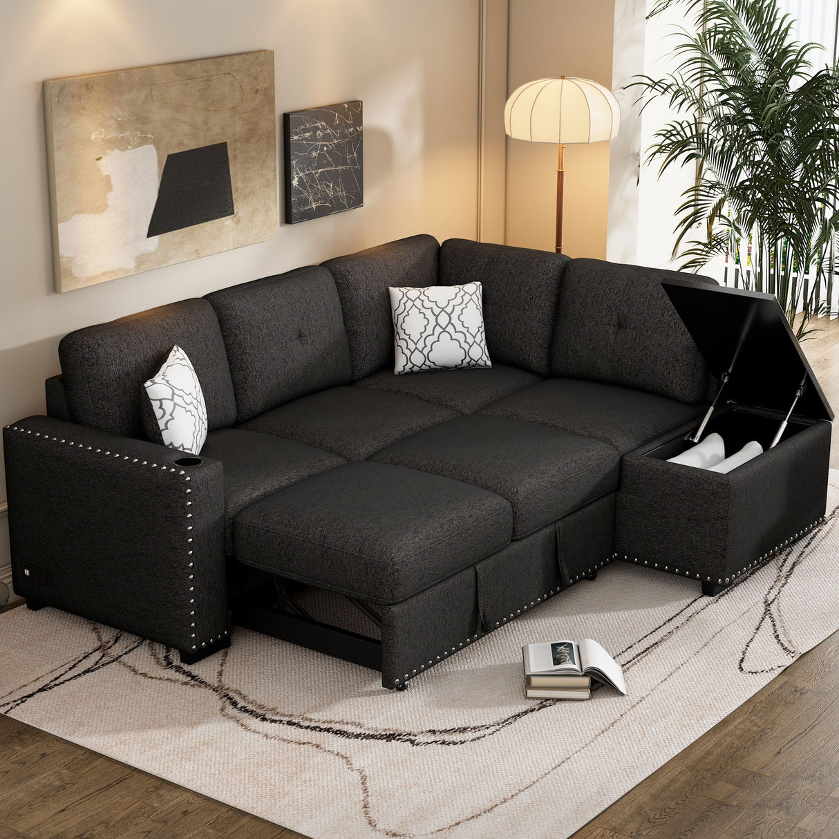 Sectional Pull-Out Sofa Bed L-Shaped Corner Sofa Couch With Storage Chaise, USB Ports, Power Sockets, Cup Holder For Living Room, Bedroom, Study by Couch.com