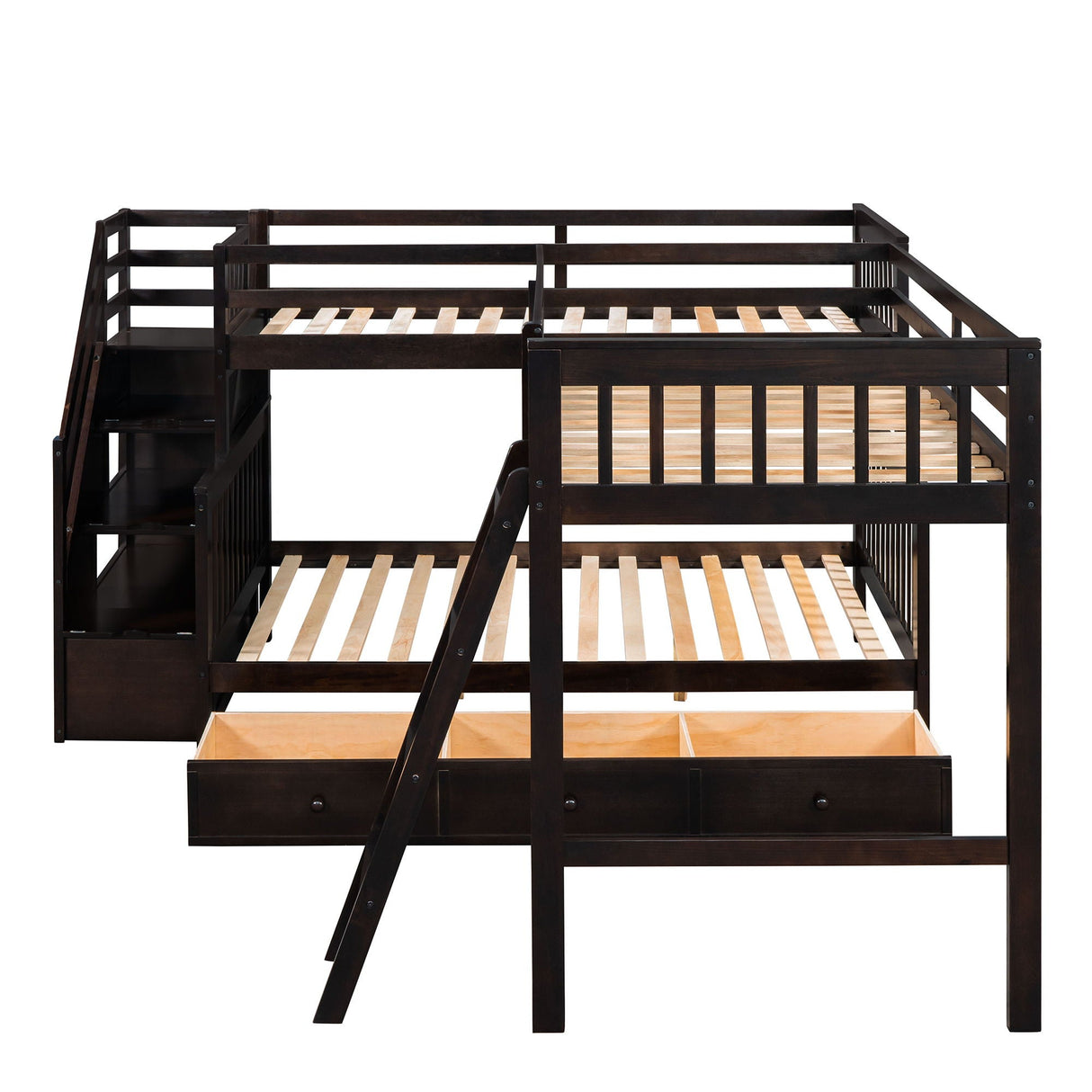 Solid L Shaped Bunk Bed With 3 Drawers, Ladder And Staircase by Couch.com