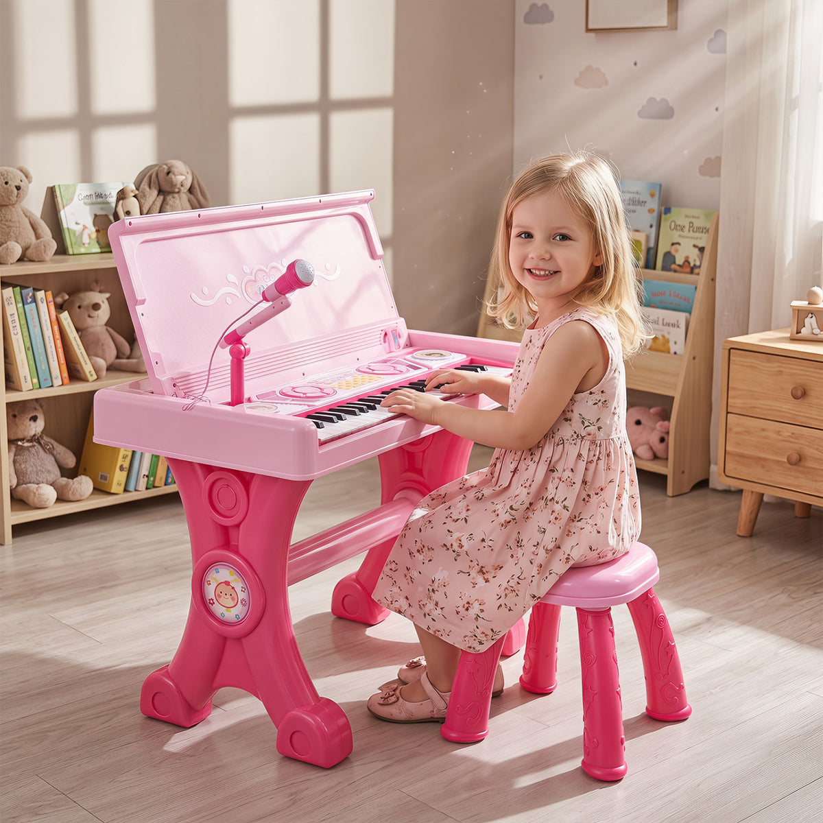49 Keys Kids Electric Piano Keyboard Toy w/ Stool & Microphone Lights & Multiple Sounds-Pink