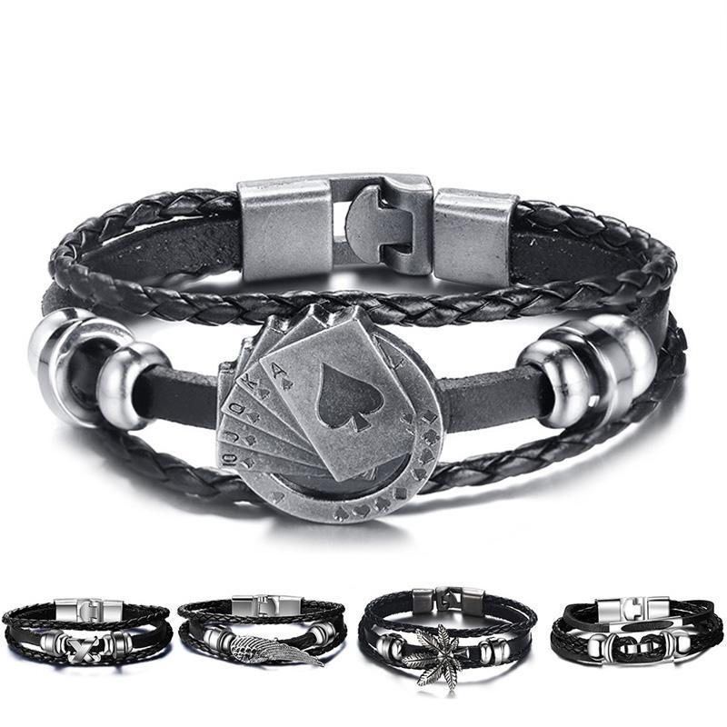 Lucky Vintage Men's Leather Bracelet Playing Cards Charm Multilayer Braided Men and Women Gift