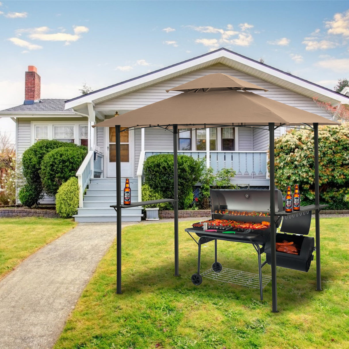 Outdoor Grill Gazebo 8 x 5 ft with Double-Tier Soft Top Canopy