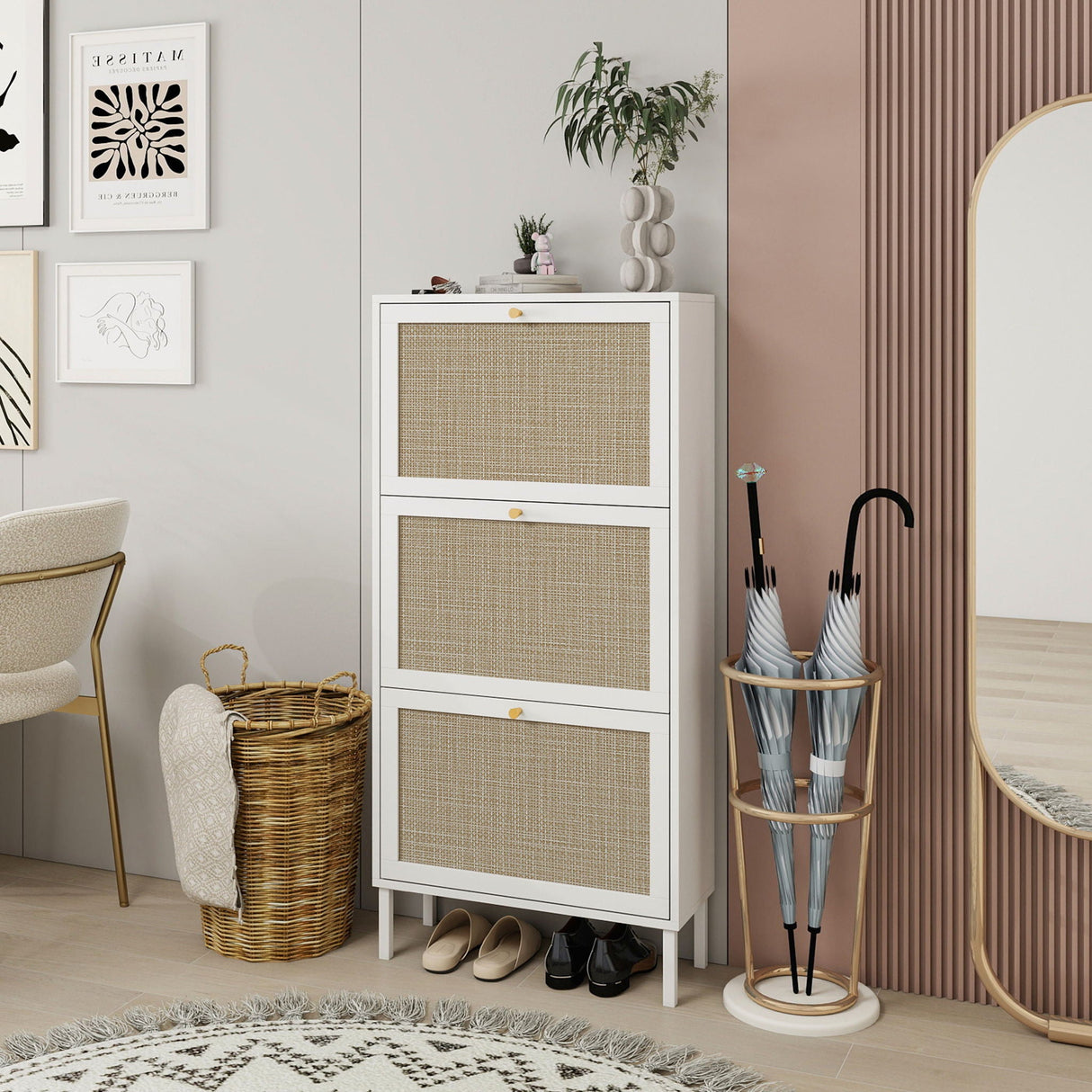 Modern Rattan 3 Door Shoe Rack Cabinet For Entryway by Couch.com