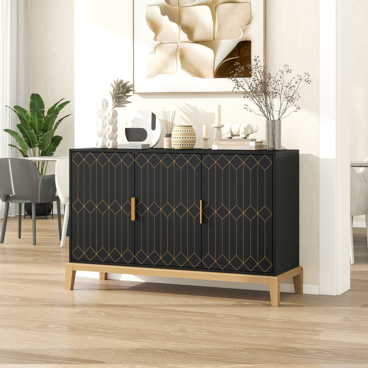 Carved Line 3 Door Storage Cabinet, Sideboard Buffet Cabinet With Adjustable Shelf, Large Storage Accent Cabinet For Living Room - Antique Black by Couch.com