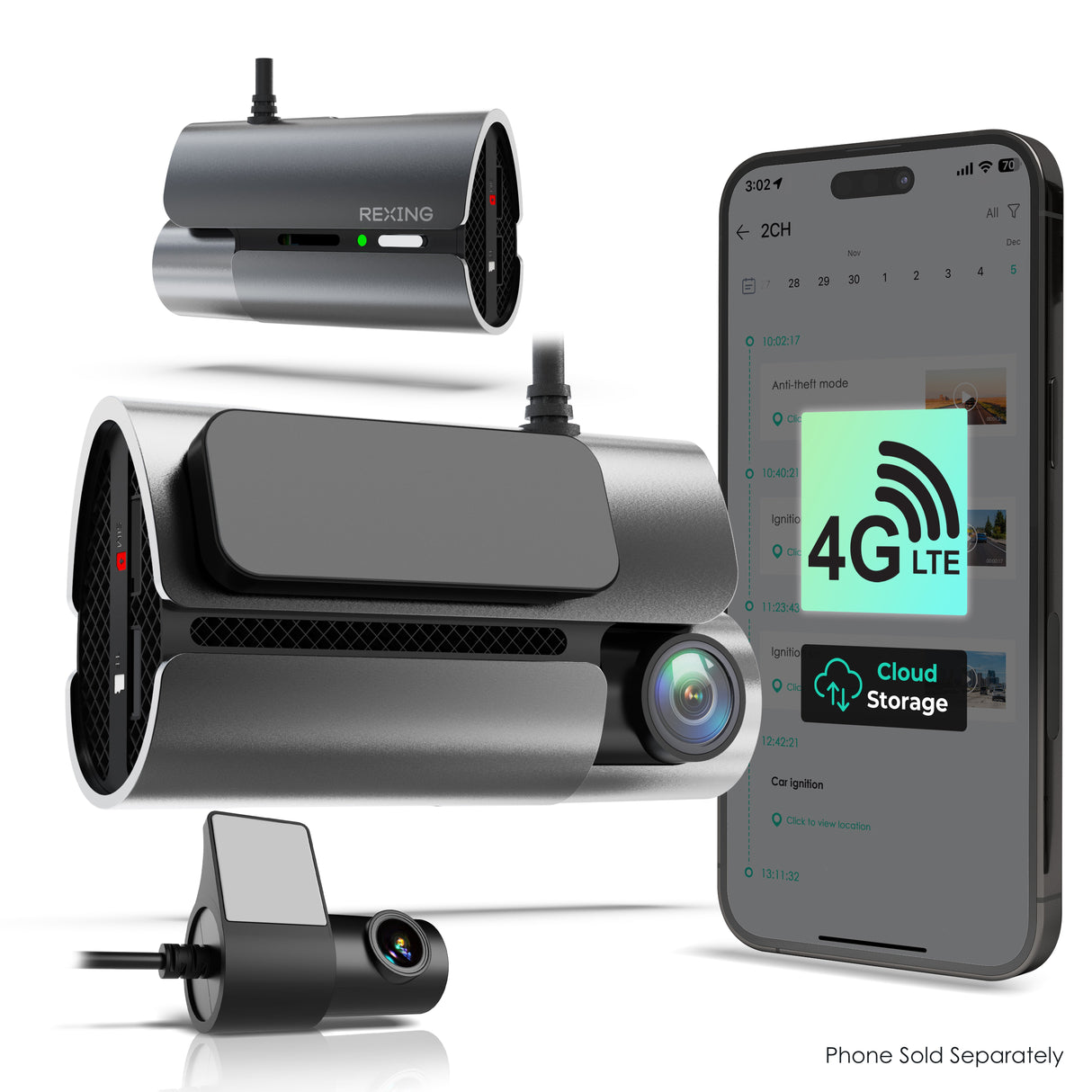 Rexing 4G LTE 2-Channel Dash Cam with GPS – 2.5K Front + 1080p Rear | Real-Time Remote Access & Alerts
