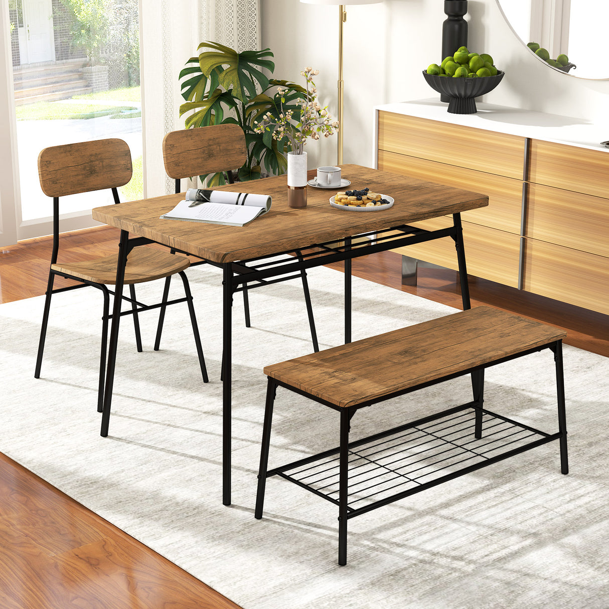 4 Piece Dining Table Set for 4 Metal Frame with Bench and 2 Chairs-Brown