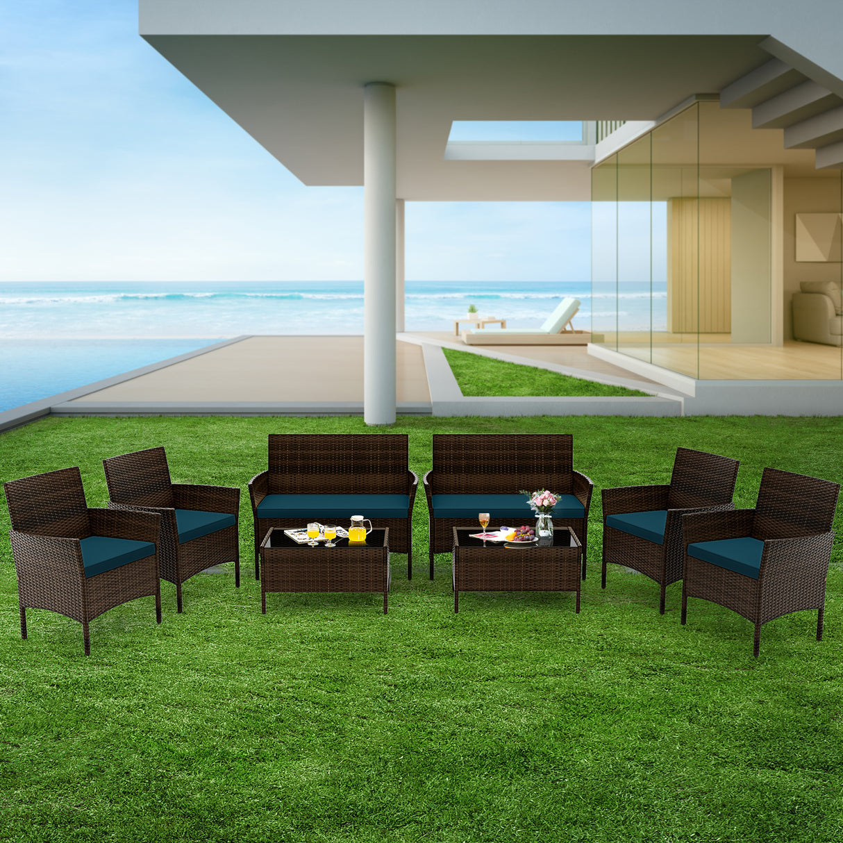 4 Piece Patio Rattan Conversation Set with Cozy Seat Cushions-Peacock Blue