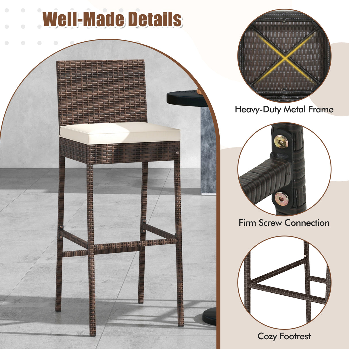 Set of 4 Patio Wicker Barstools with Seat Cushion and Footrest-Set of 4