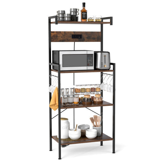 4-Tier Kitchen Bakers Rack with Power Outlet and 8 Hooks-Rustic Brown