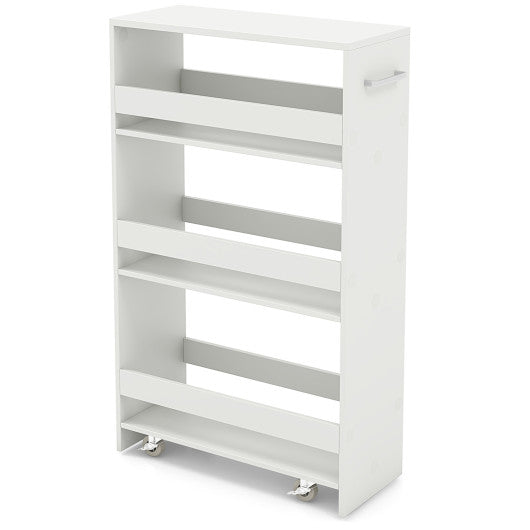 4-Tier Rolling Storage Cart Slim Kitchen Cart on Wheels with Open Shelves and Handle-White