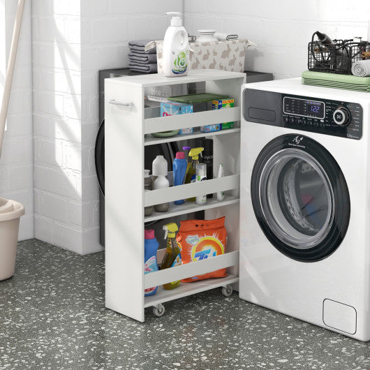 4-Tier Rolling Storage Cart Slim Kitchen Cart on Wheels with Open Shelves and Handle-White