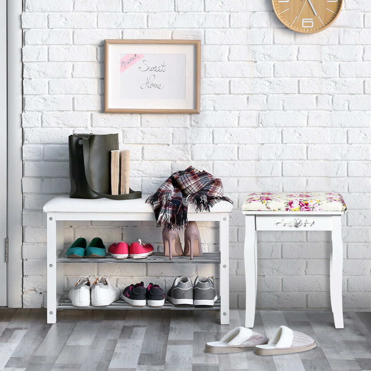 Vanity Wood Dressing Stool Padded Piano Seat with Rose Cushion-White