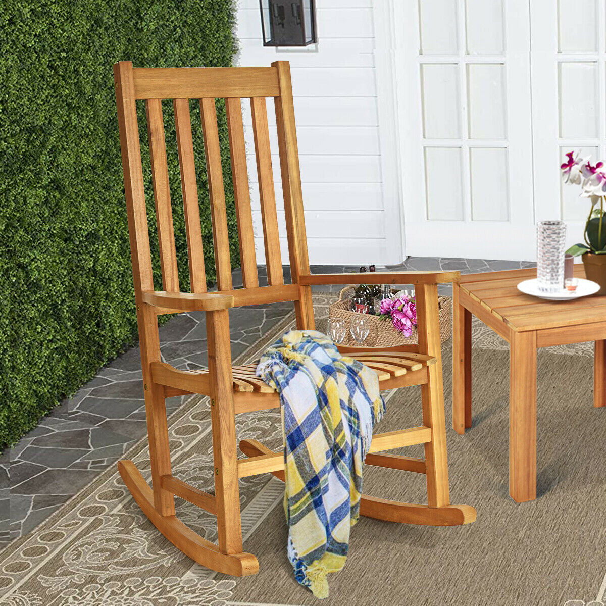 Indoor Outdoor Wooden High Back Rocking Chair-Black