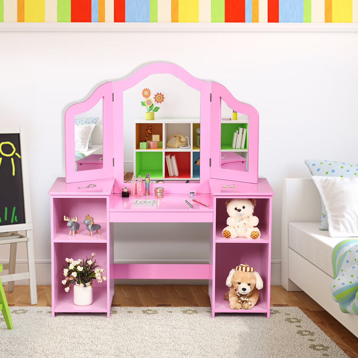 Kids Tri Folding Mirror Makeup Dressing Vanity Table Set-White
