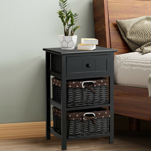 Set of 2 3-Layer 1 Drawer Wood Bedside End Table-Black