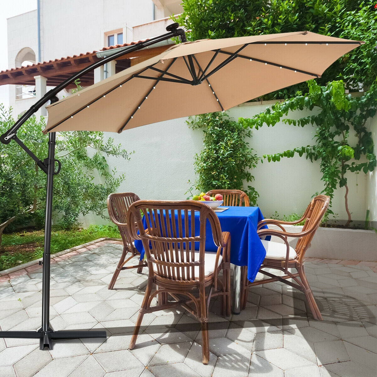 10 ft 360 ° Rotation Solar Powered LED Patio Offset Umbrella without Weight Base-Beige