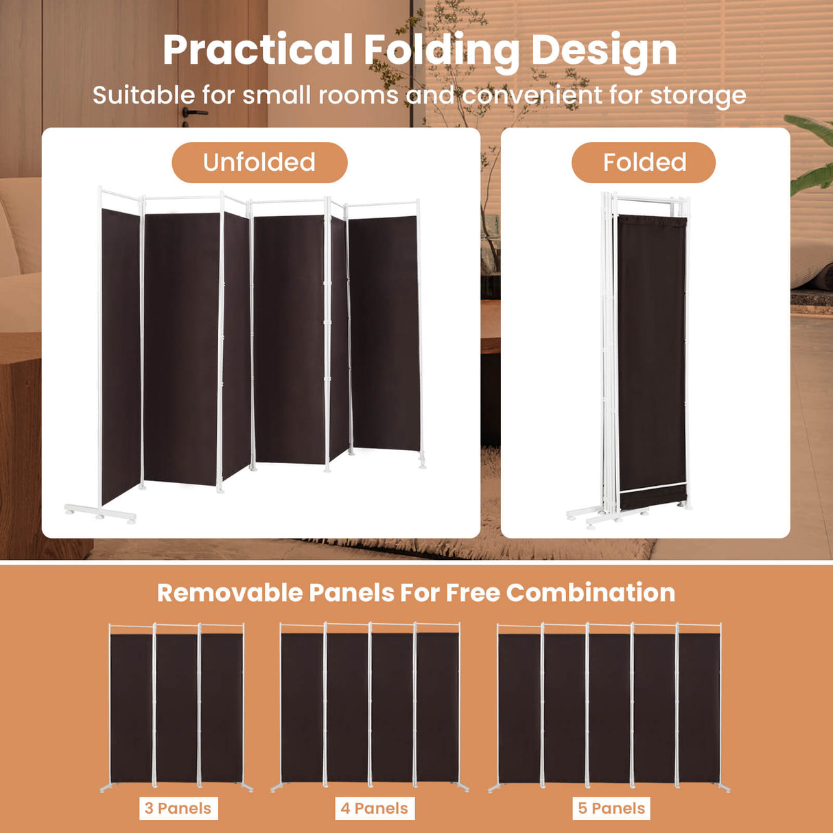 6-Panel Room Divider Folding Privacy Screen-White