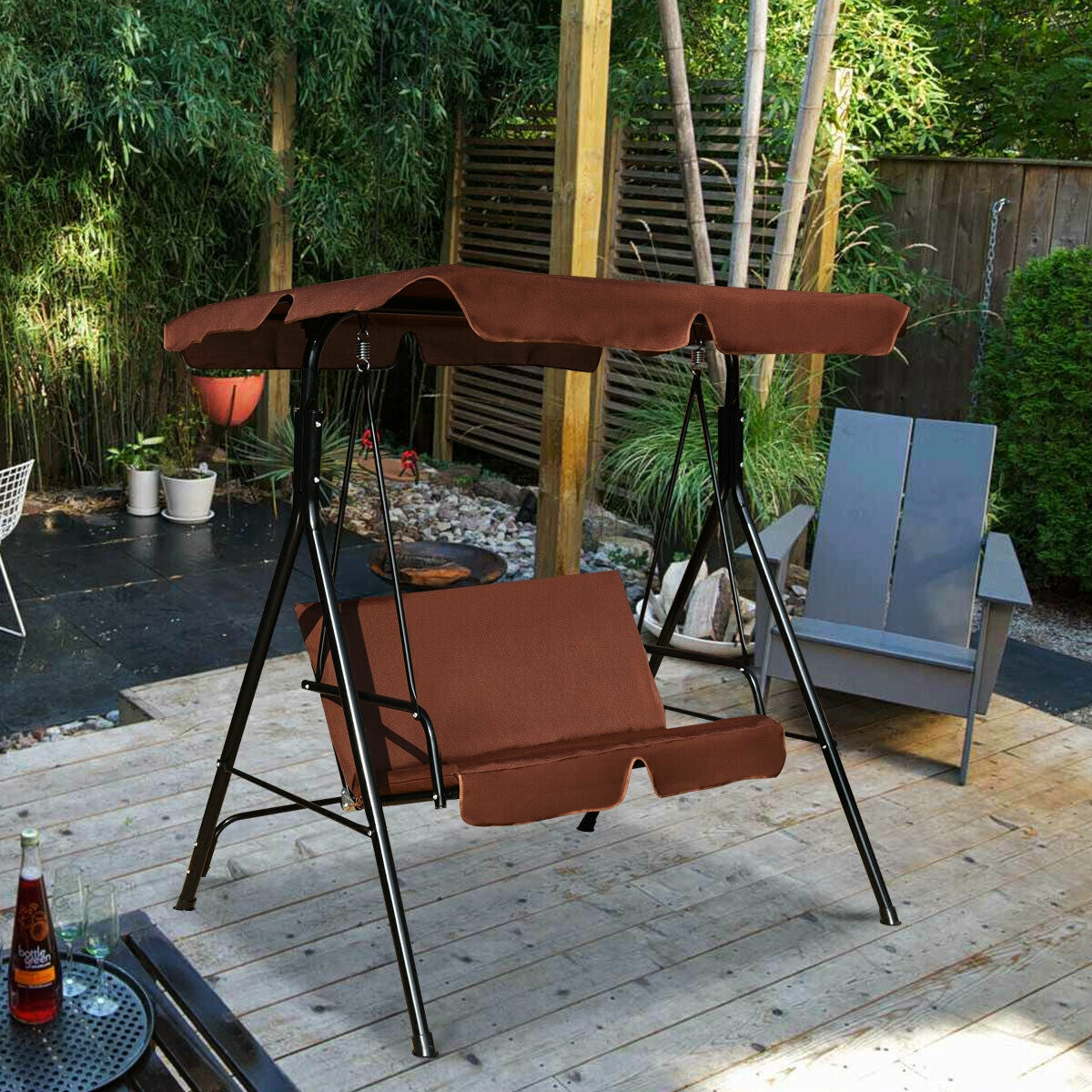 Loveseat Cushioned Patio Steel Frame Swing Glider -Black