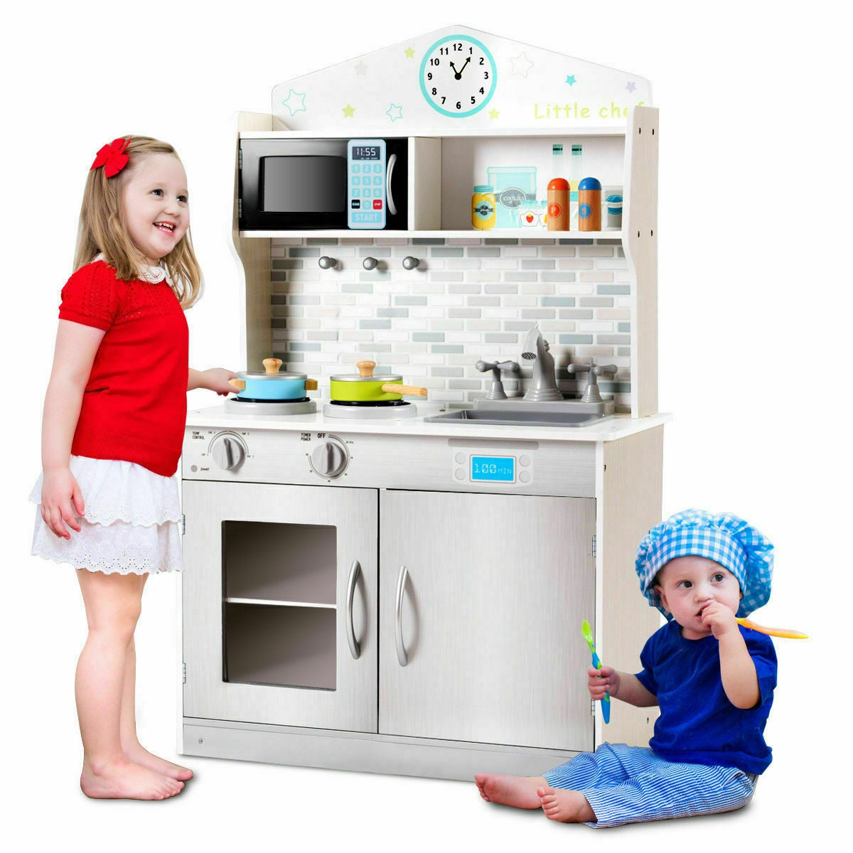Kids Wooden Pretend Cooking Playset Cookware Play Set Kitchen Toys Toddler Gift-Pink