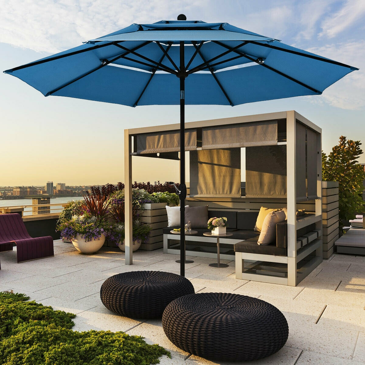 10' 3 Tier Patio Umbrella Aluminum Sunshade Shelter Double Vented without Base-Blue by DirectDeals