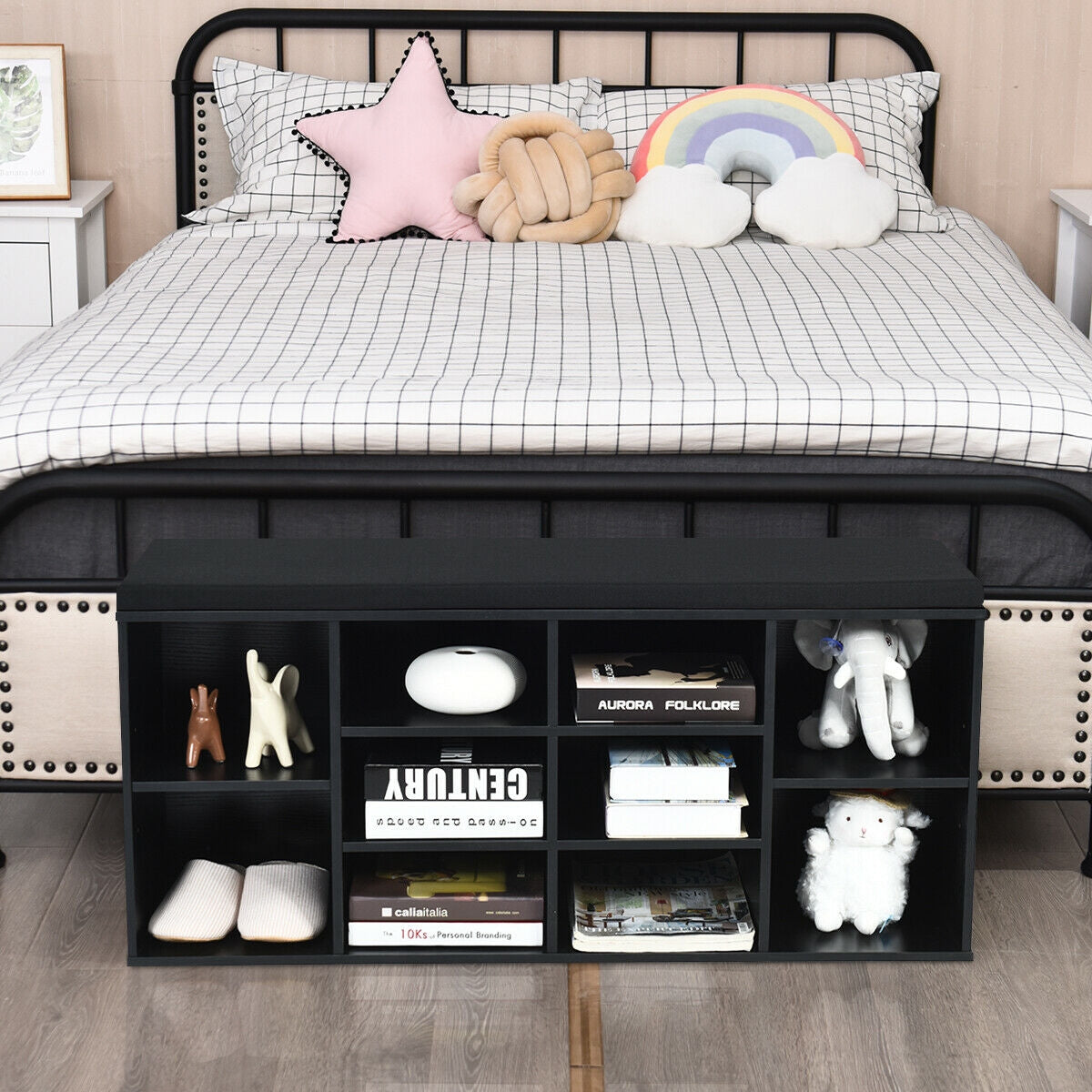 10-Cube Organizer Shoe Storage Bench with Cushion for Entryway-Black by DirectDeals