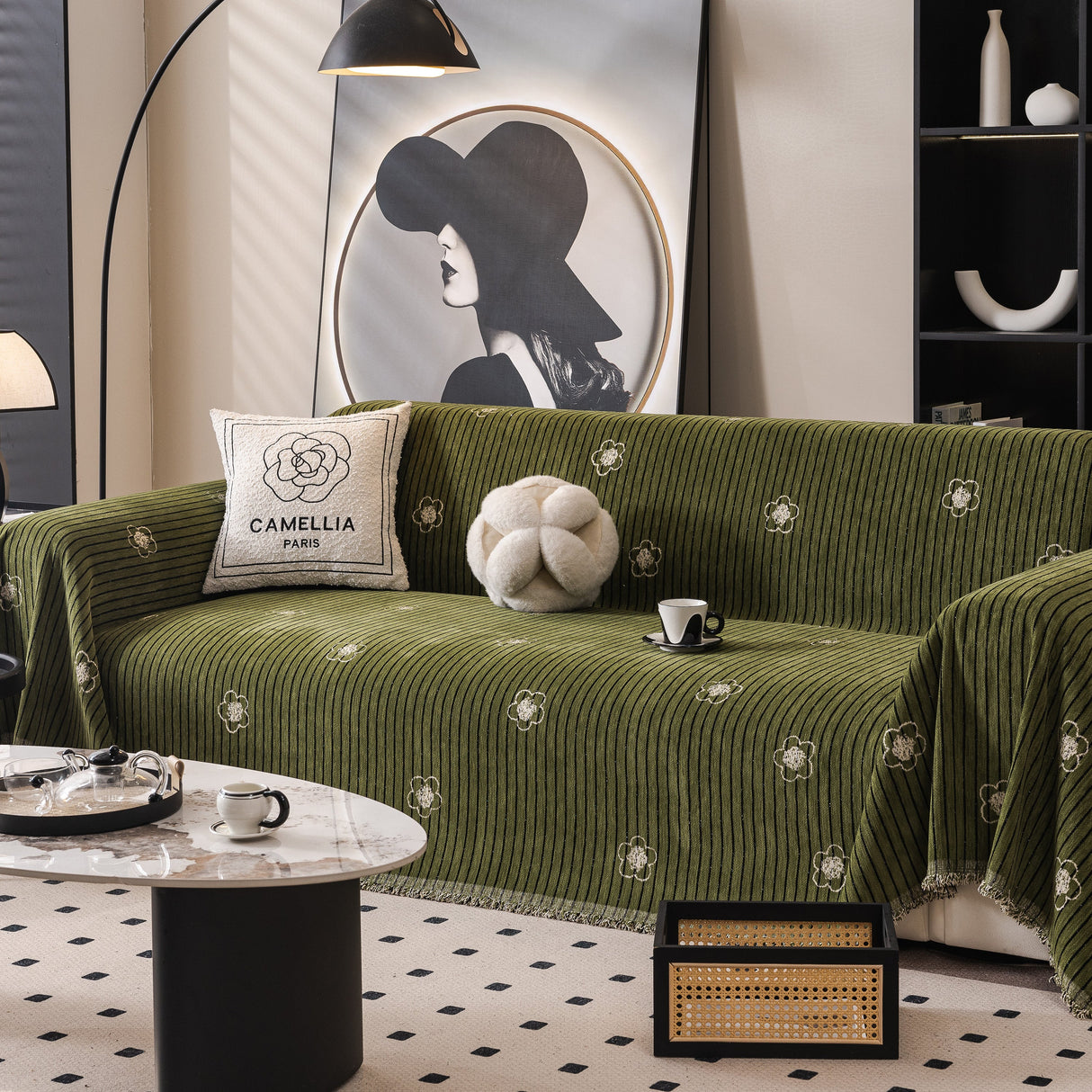 Chenille Camellia Floral Sofa Throw Cover Couch Blanket with Striped Jacquard