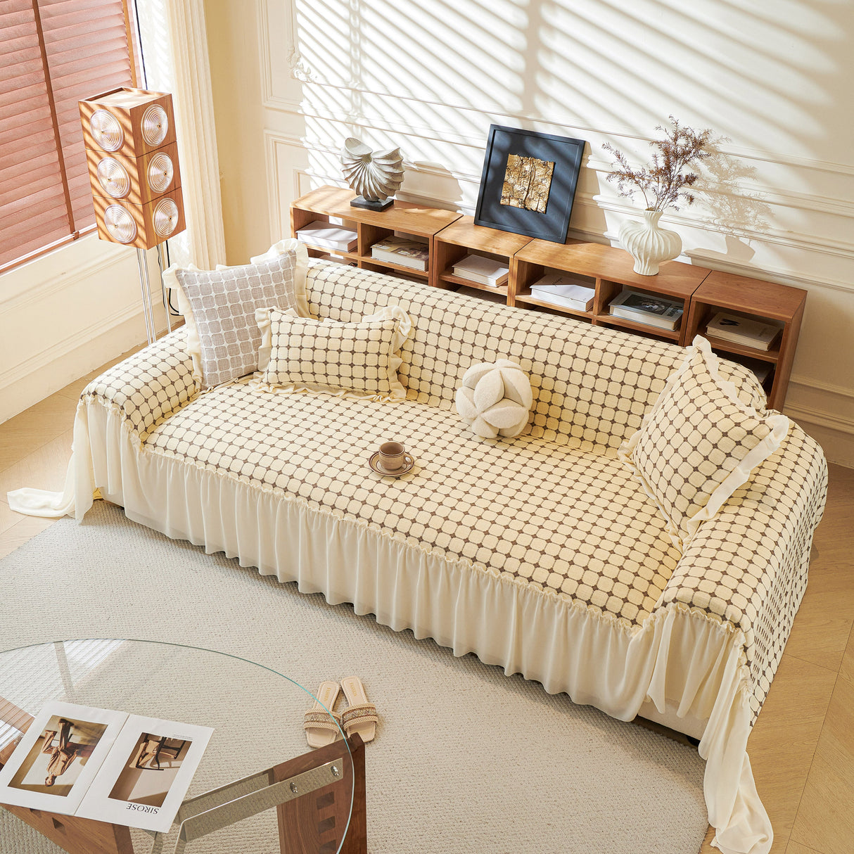 Grid Textured Sofa Cover with Sheer Ruffle Skirt, Pet-Friendly Sofa Throw Slipcover