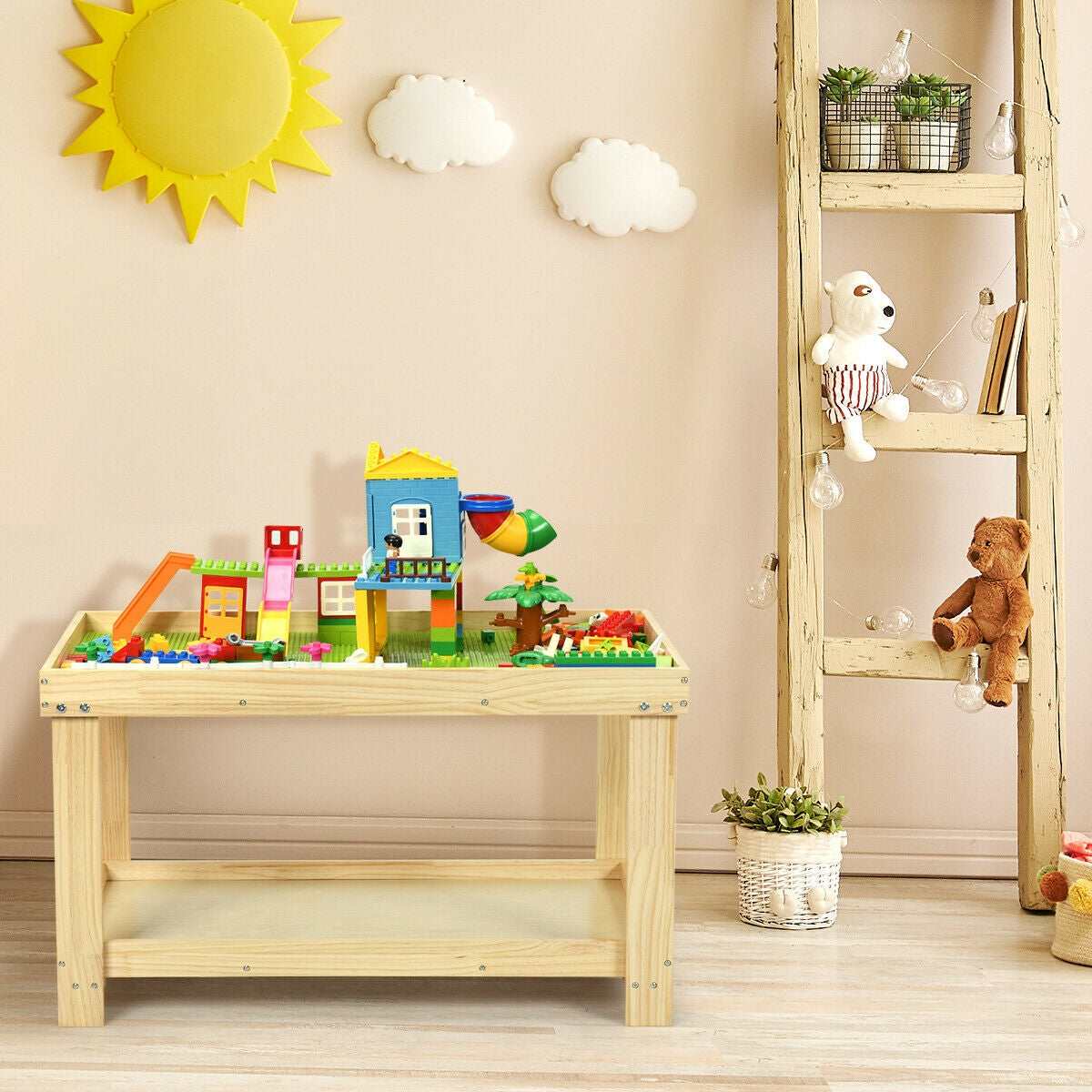 Solid Multifunctional Wood Kids Activity Play Table-Dark Brown