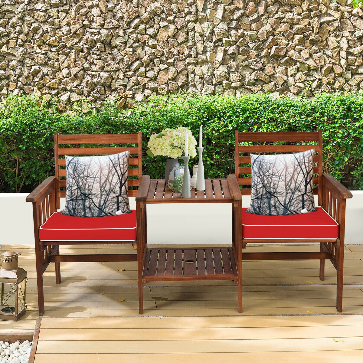 3 pcs Outdoor Patio Table Chairs Set Acacia Wood Loveseat-White