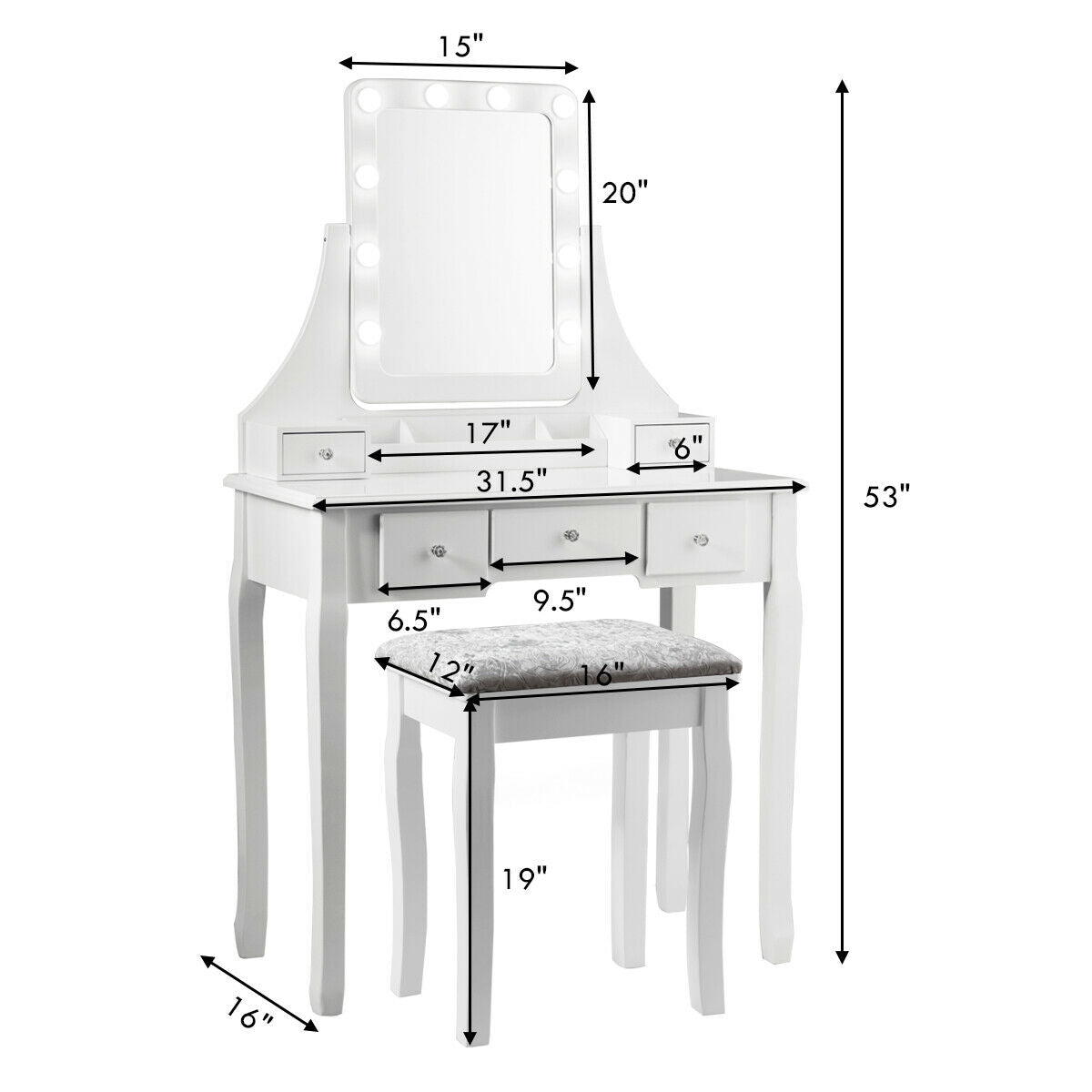 Vanity Dressing Table Set with 10 Dimmable Bulbs and Cushioned Stool-Black