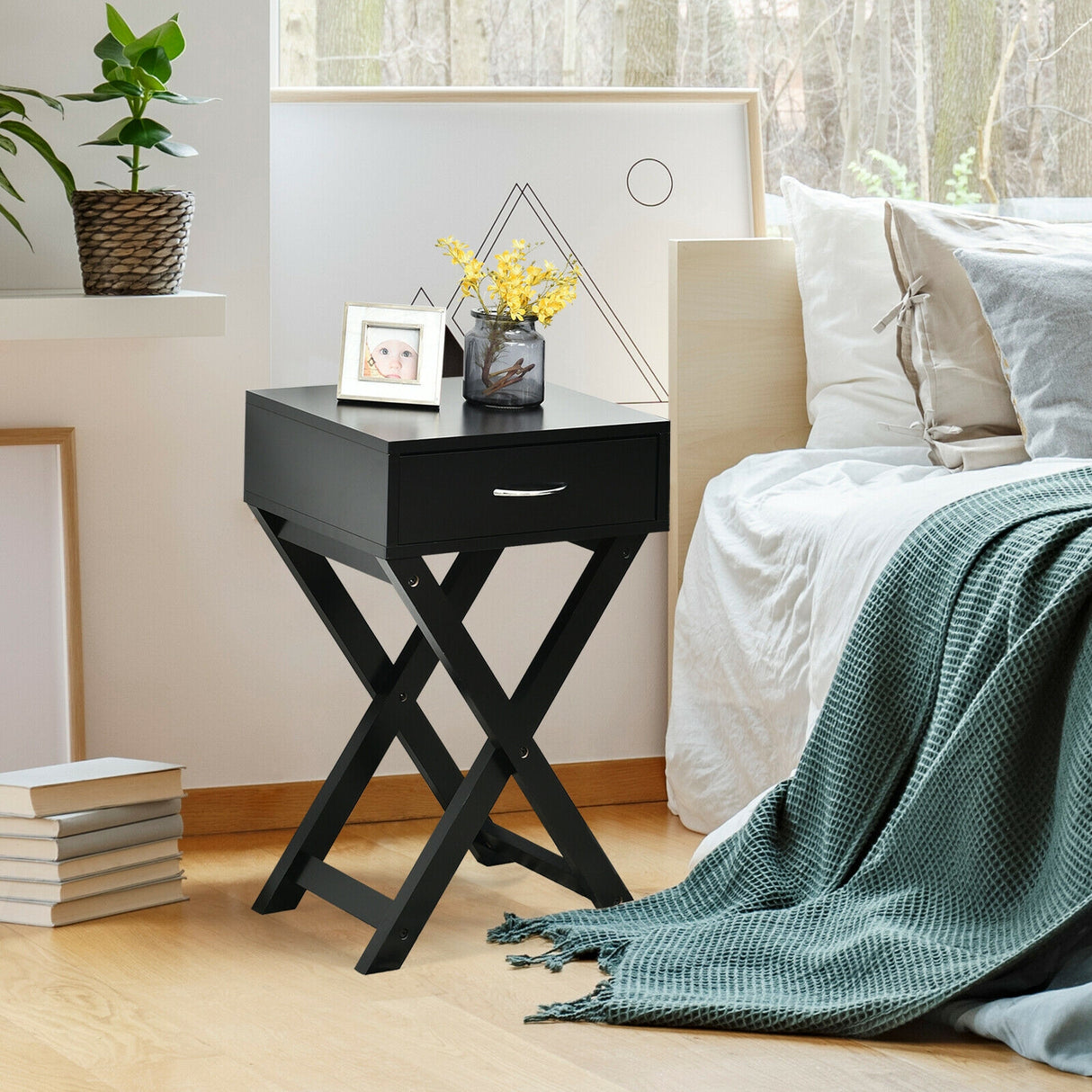 Design Sofa Side Table with X-Shape Drawer for Living Room Bedroom-White