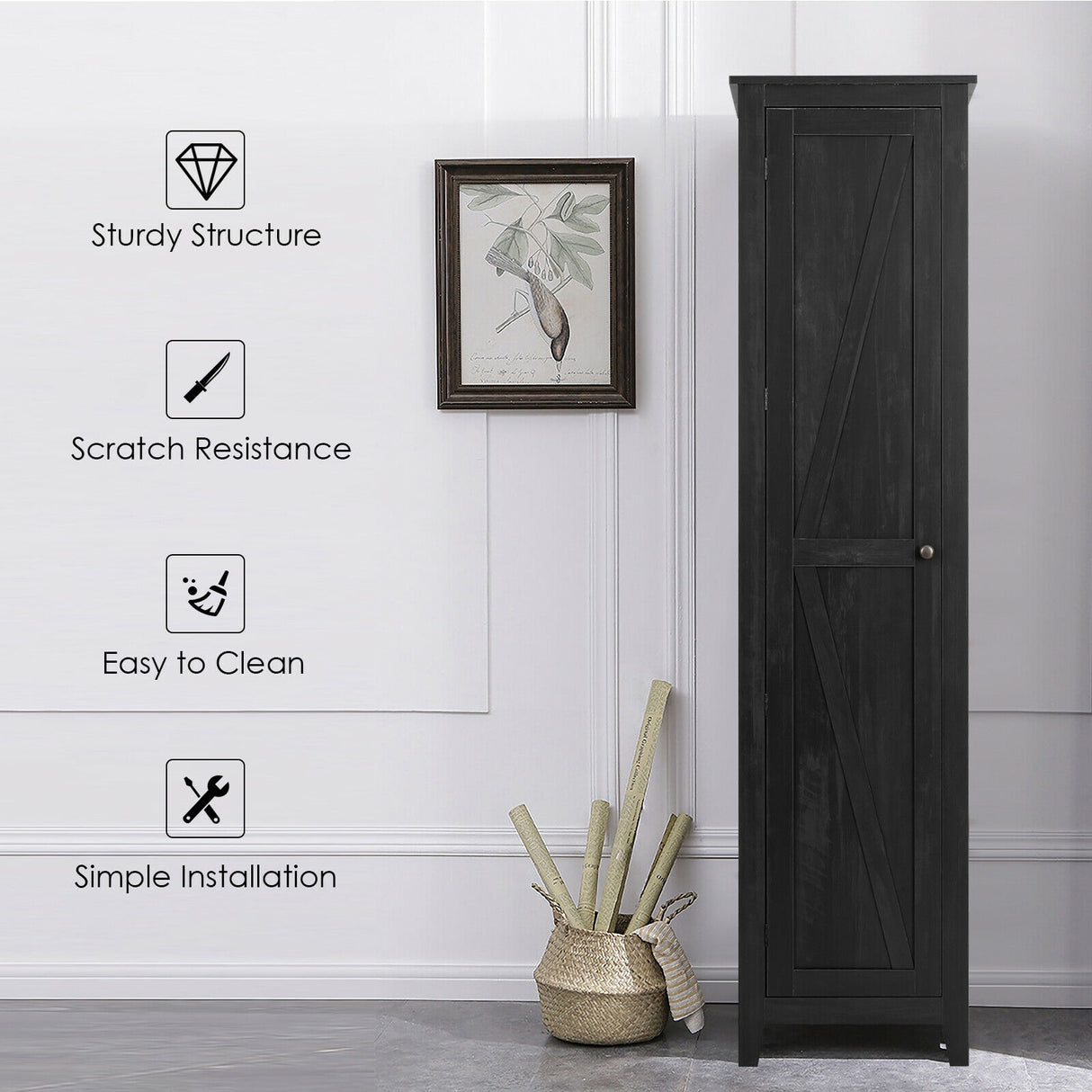 Linen Tower Bathroom Storage Cabinet Tall Slim Side Organizer with Shelf-Black