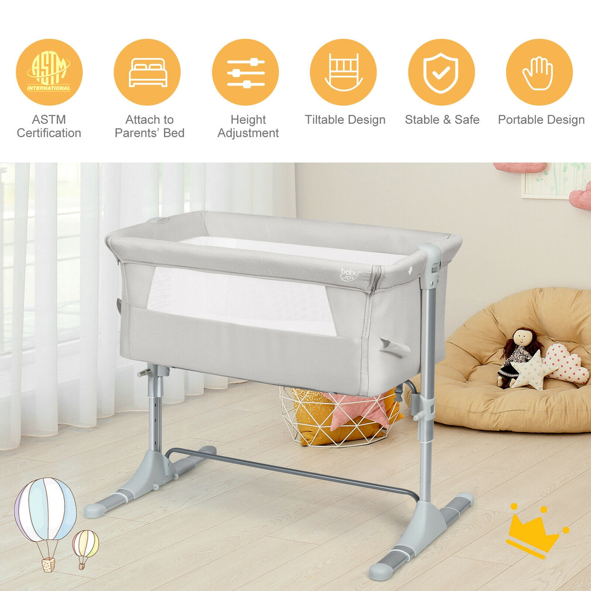 Travel Portable Baby Bed Side Sleeper Bassinet Crib with Carrying Bag-Gray