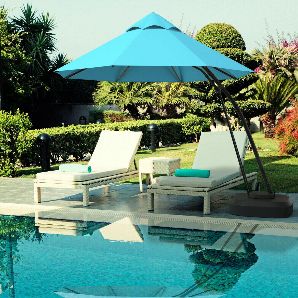 11 Feet Outdoor Cantilever Hanging Umbrella with Base and Wheels-Tan
