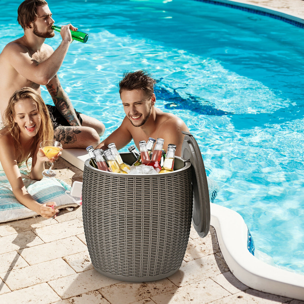 9.5 Gallon 4-in-1 Patio Rattan Cool Bar Cocktail Table Side Table-Black