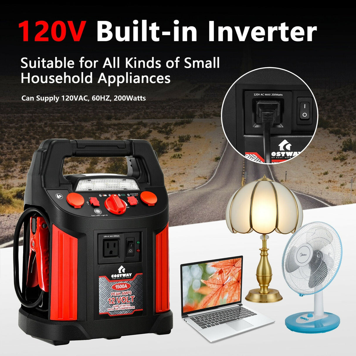 Jump Starter Air Compressor Power Bank Charger with LED Light and DC Outlet by DirectDeals