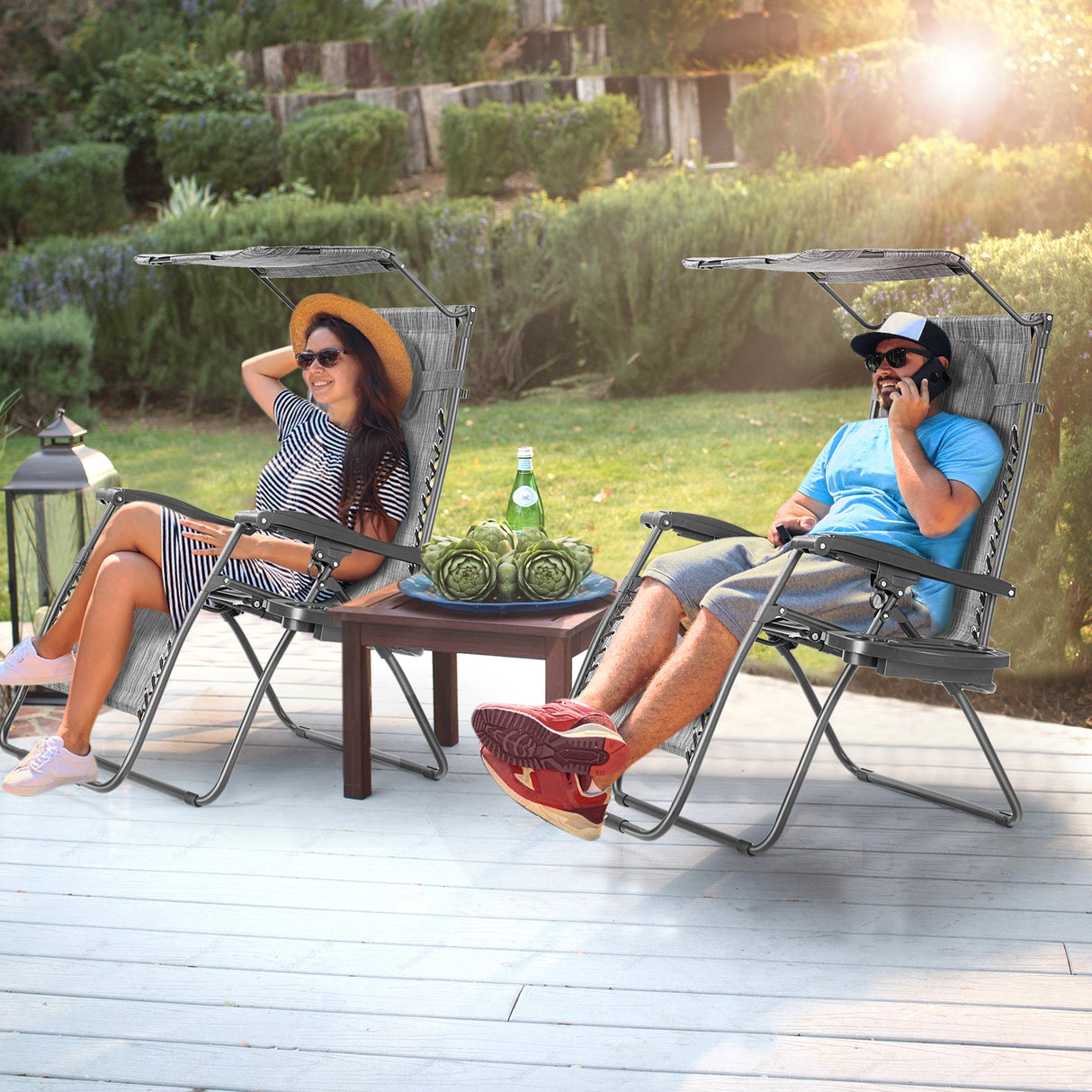 Folding Recliner Lounge Chair with Shade Canopy Cup Holder-Brown