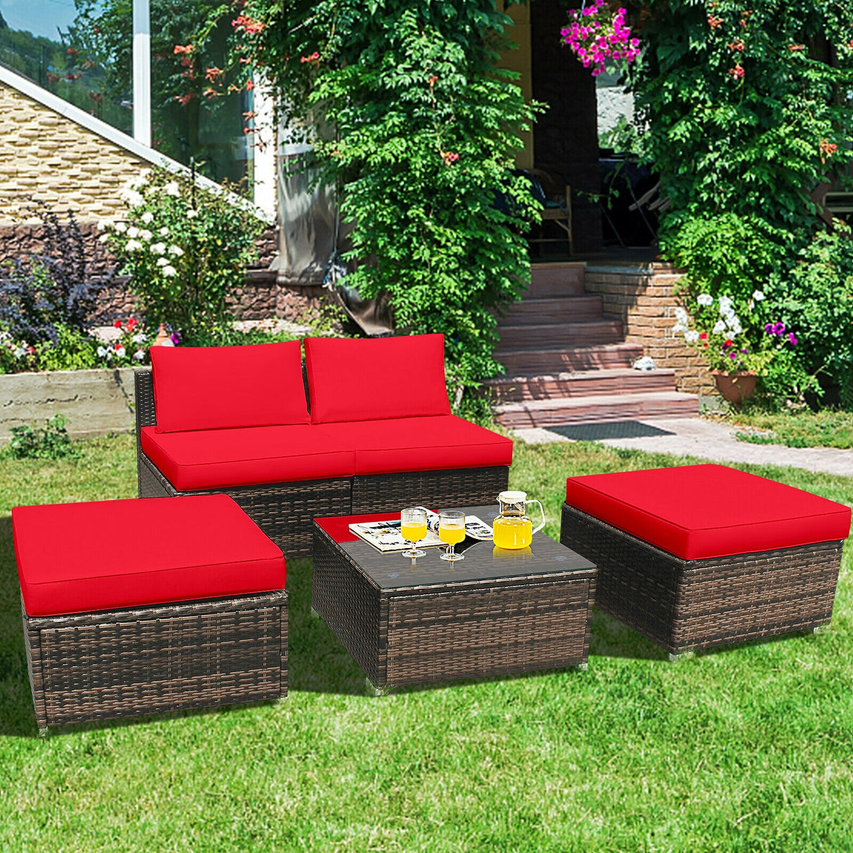 5 Pieces Patio Rattan Furniture Set with Cushioned Armless Sofa-White
